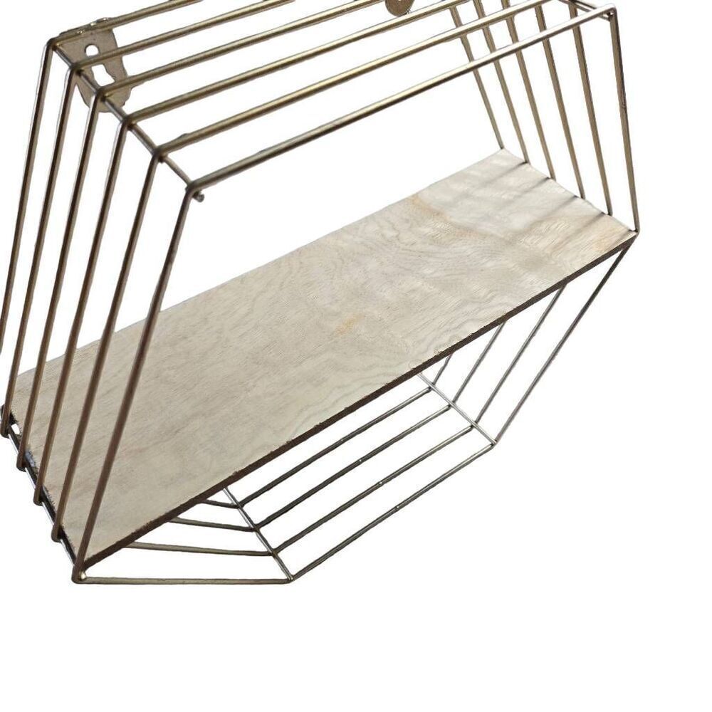 Gold and wood hexagon wall shelf Decor 12x10.5" - Picture 2 of 4